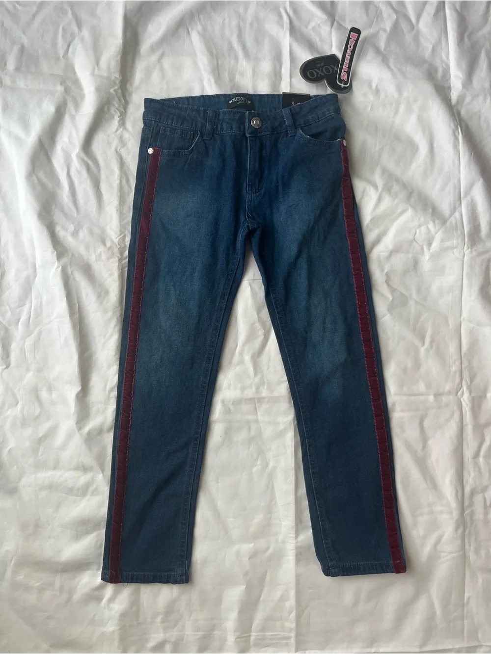 XOXO Dark Blue Denim Jeans with Burgundy Side Stripe size 12